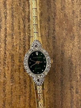Women's Gold-Tone Bracelet Watch with Emerald Green Dial and Crystal Accents